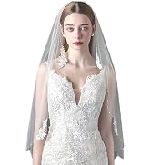 YAEISM 1 Tier Flower Lace Wedding Veil Pearl Edge Beaded Bridal Veil Elegant Floral Embroided Elb...