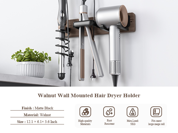 Walnut Hair Dryer Holder Curling Iron Holder Flat Iron