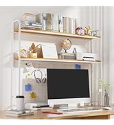 OUKMIC Desk Shelf, 2-Tier Desktop Hutch Bookshelf with Grid Panel, Metal Table Top Bookcase for C...