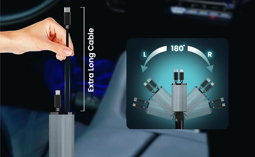 retractable car cable long charger adjustable charging 180-degree rotation tangle-free