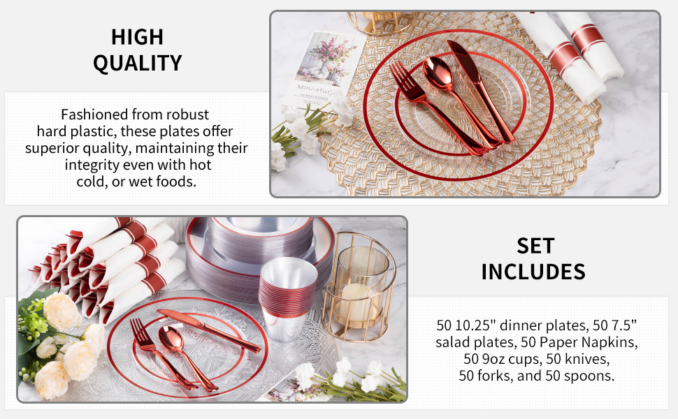 These red dinner plates, dessert cups, knives, forks, and spoons are made from heavy-duty plastic.