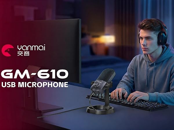 Yanmi GM610 Black USB Condenser Mic with Noise Reduction for Gaming and Streaming