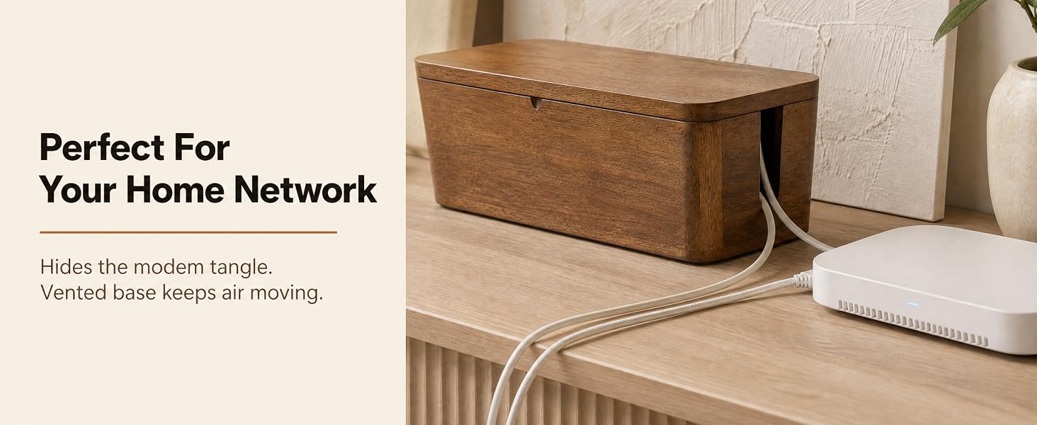 Mango wood cable box by a wifi router holding its adapters, cords out the slot