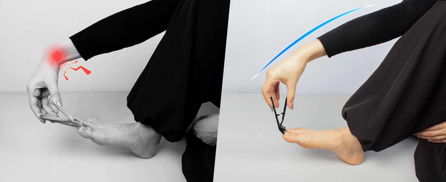 Two-panel image showing hands using different devices on feet: left panel with red light, right panel with blue light.