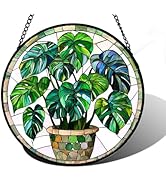 DASTOLL Stained Glass Window Hanging, Green Plant Monstera t Suncatcher Diamond Colorful Glass Pa...