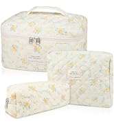 Makeup Bag Set, Quilted Makeup Bag, Large Floral Cosmetic Bag for Women, Cute Cotton Makeup Bag, ...
