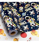 Yarcony Space Wrapping Paper Roll, Birthday Wrapping Paper for Boys, Navy Blue Astronaut Gift Wra...