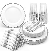 175PCS Sliver Plastic Dinnerware Set for 25 Guests, Disposable Fancy Baroque Gold Rim Plastic Pla...
