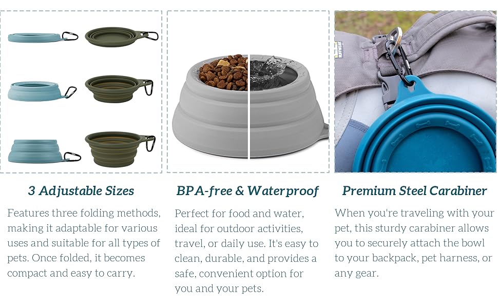 Collapsible pet travel set including blue and olive bowls, foldable water dish, and premium steel carabiner attachment.