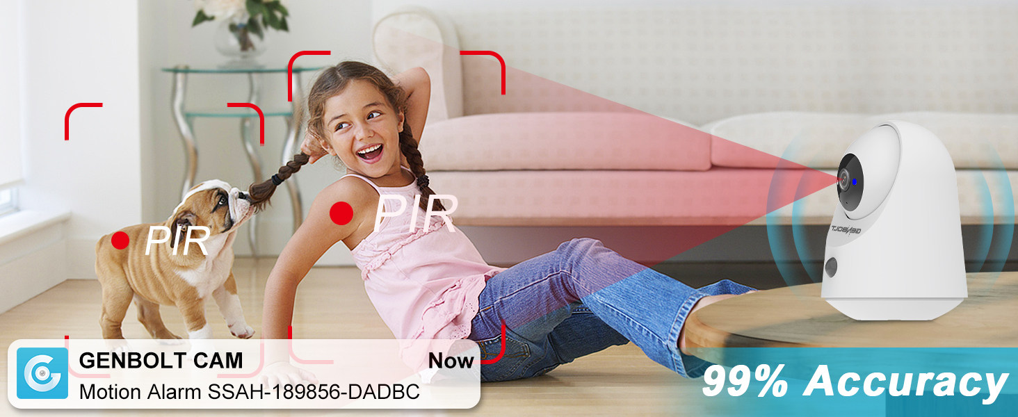 Smart security camera interface showing motion detection and AI tracking features with 99% accuracy indicator overlay.