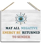 Evil Eye Decor Wooden Hanging Plaque, May All Negative Energy Be Returned to Sender Wall Sign, Sp...