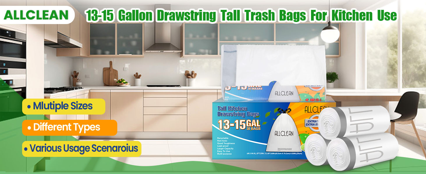 15 gallon trash bags kitchen tall drawstringn unscented trash bag 14 gallon garbage bags 13+ gallon