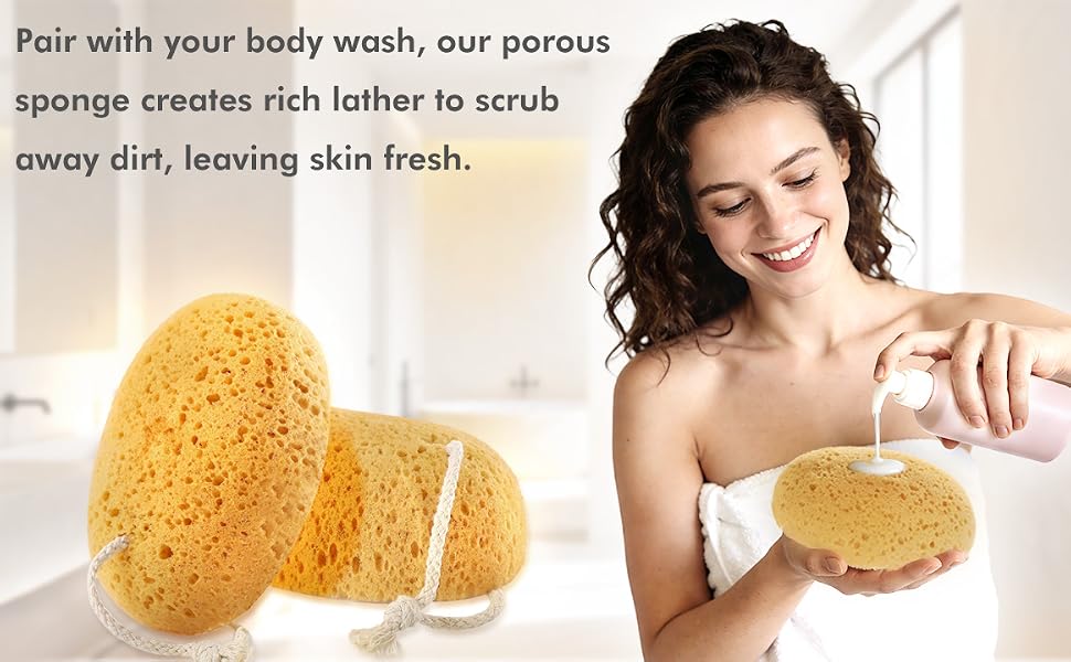 Text reads 'Pair with your body wash, our porous sponge creates rich lather to scrub away dirt, leaving skin fresh.' Product photos show yellow natural sponges with water and lather demonstrations.