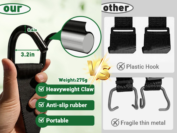 Thick metal hook with rubber coating, 275g, bites bin rim. Thin plastic clip snaps easily.