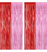 2 Pack Backdrop Curtains, 3.28 Feet x 7.05 Feet Red Pink Backdrop, Metallic Fringe Curtains Tinse...