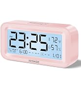 KESHIDE Night Light Digital Alarm Clock Battery Operated with Indoor Temperature Humidity, Desk S...