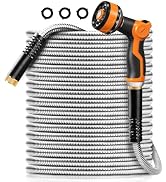 Omont Metal Garden Hose 50FT, Heavy Duty 304 Stainless Steel Water Hoses with Nozzle, Flexible Ga...