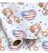 RUSPEPA Patriotic Bear Wrapping Paper Roll, Mini Roll, Red Blue Brown Bear with Balloon Heart Des...