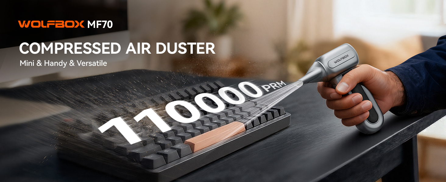 WOLFBOX MF70 Compressed Air Duster for MacBook/laptop, audio equipment