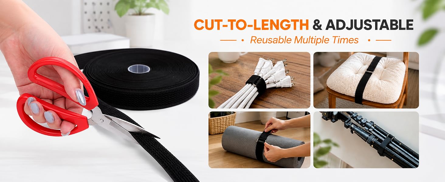 Cut-to-length adjustable hook and loop strap, multi-scene usage banner