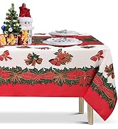 LUSHVIDA Christmas Tablecloth Rectangle - 60x84 inch Holly Ribbon Pattern Washable Wrinkle Resist...