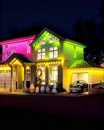 Nighttime photograph of a residential house illuminated with vibrant pink, green, and yellow LED lighting effects on exterior walls and landscaping against dark sky.