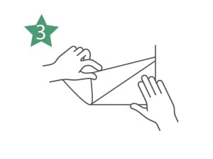 Simple line drawing of hands folding paper, with a green star and number 3, suggesting step three of origami instructions.