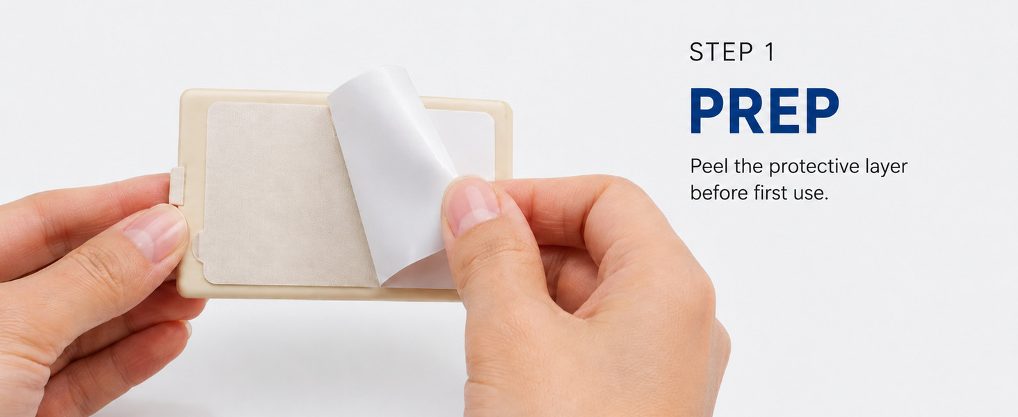 VUELL puff peeling protective layer to reveal oil blotting film adhesive