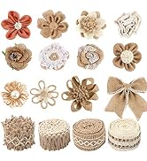 16 PCS Natural Burlap Flowers Set, Including 12 PCS Handmade Lace Burlap Flowers and Bowknots, 4 ...