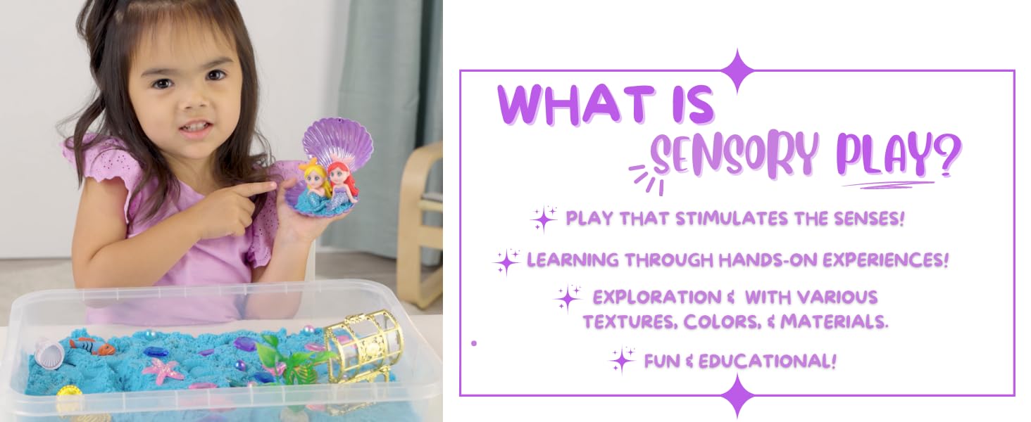 girl playing wiht mermaid sensory bin with graphic describing sensory play