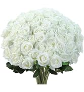 CCTIVED 55Pcs Artificial Roses Bulk, Fake White Roses with Long Stems Realistic Faux Silk Flowers...