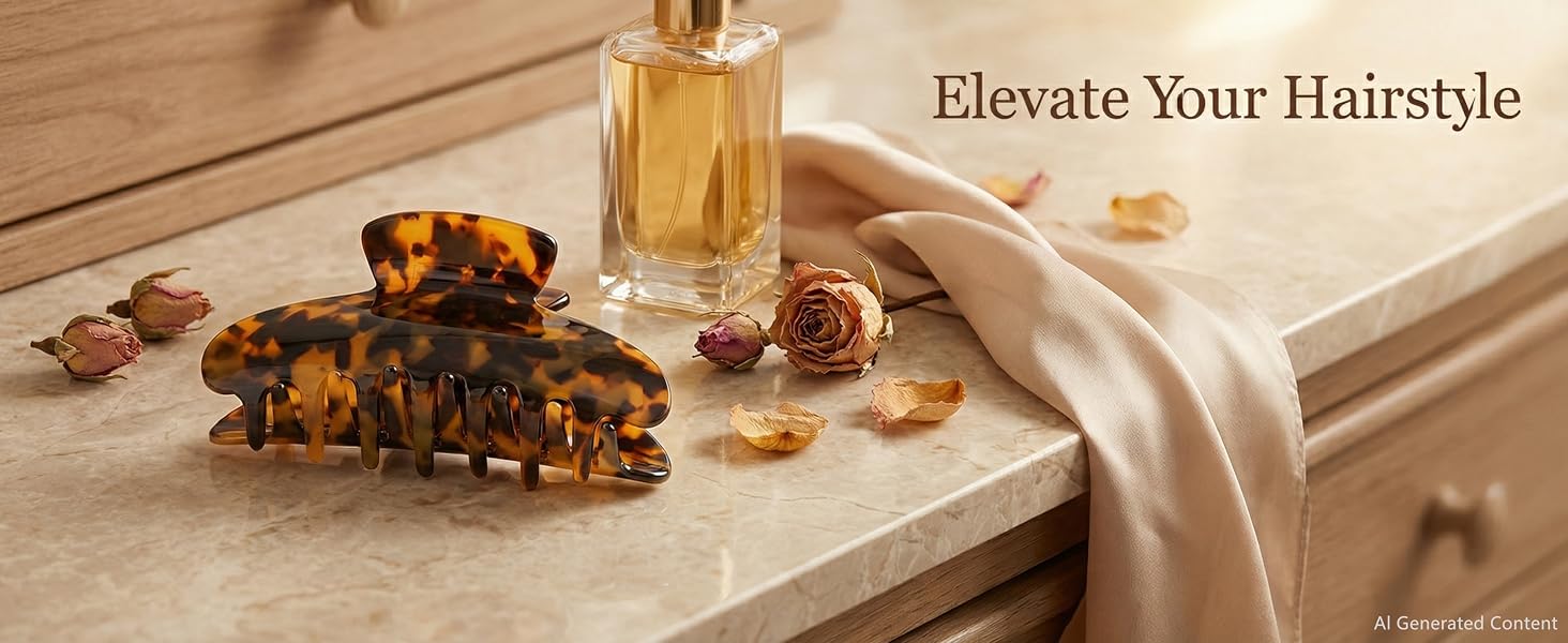 Text reads 'Elevate Your Hairstyle'. Wooden surface displays golden hair treatment product bottle, decorative beaded accessories, and cream-colored fabric strips arranged artfully.