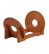 Brown wooden U-shaped stand or holder with circular cutouts on each side, displaying curved design and smooth finish.