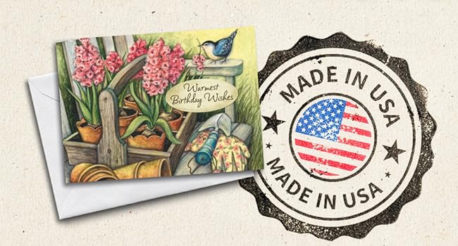 Birthday Cards REsting. ont top of Made in USA Stamp