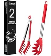 Spaghetti Spoon and Pasta Tong, Non-stick Silicone Spoon Server Fork with teeth and Stainless Ste...