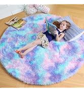 Amdrebio Purple Rainbow Round Rug 4Ft for Bedroom Girls Room Decor, Mermaid Stitch Frozen Kids Ru...