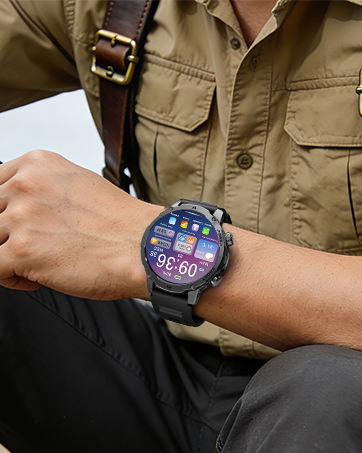 Multiple views of a smartwatch with digital display being worn on wrist, showing different screen interfaces and functions.