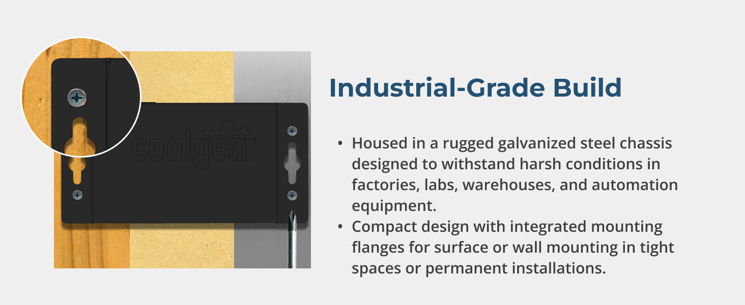 Industrial-grade powered USB hub with galvanized steel housing and secure usb wall mount design