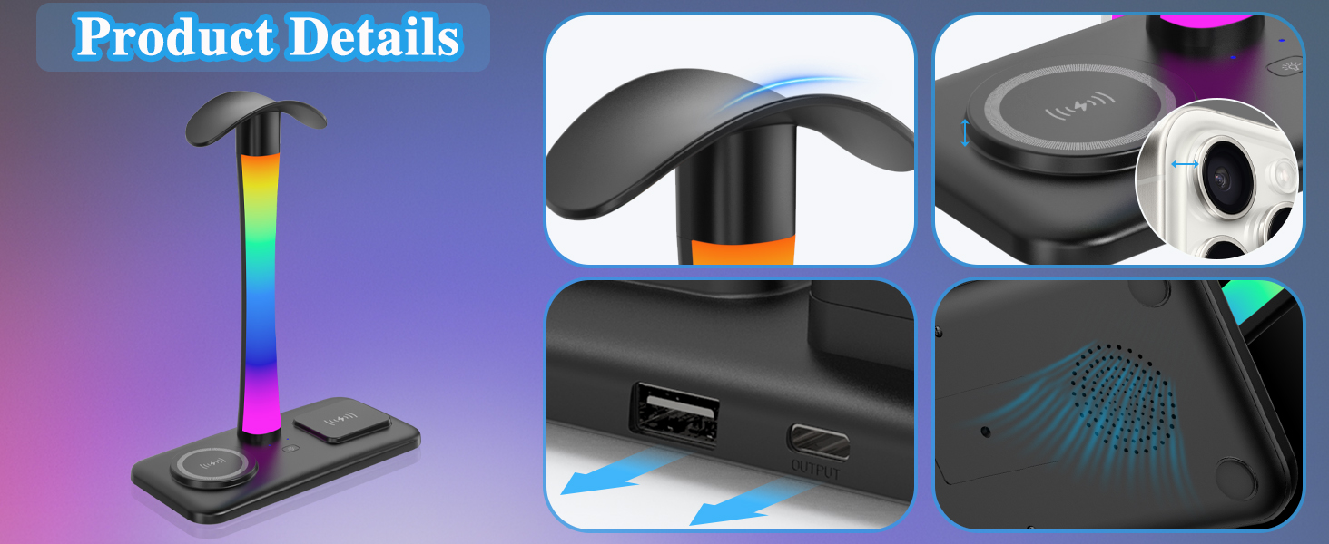 Headphone Stand with Wireless Charger & RGB Light