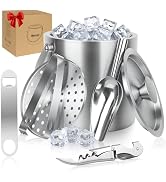 Ice Buckets for Parties 3L (101 fl oz) - 6PC Stainless Steel Ice Bucket with Lid, Scoop, Tongs & ...