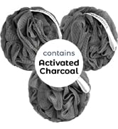 MainBasics Charcoal Infused Bath Shower Loofah Sponge Pouf Body Wash Scrubber (Set of 3)