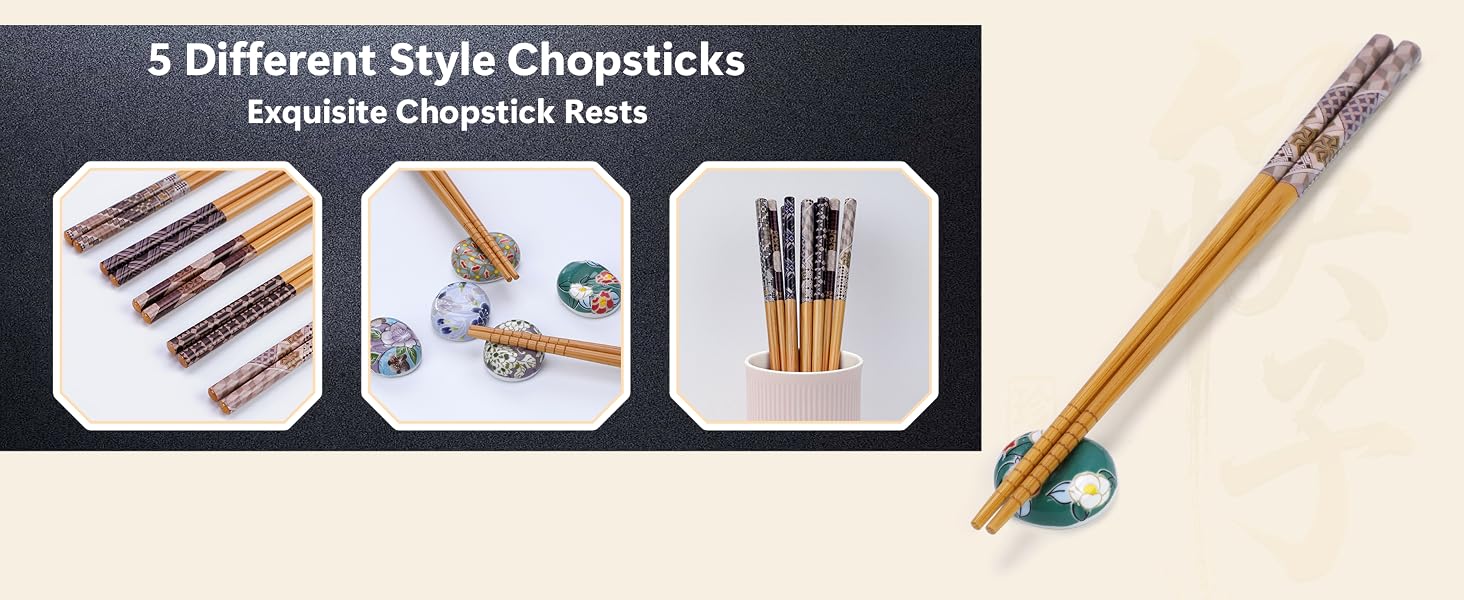 Reusable Bamboo Chopsticks Set with Ceramic Chopstick Rests