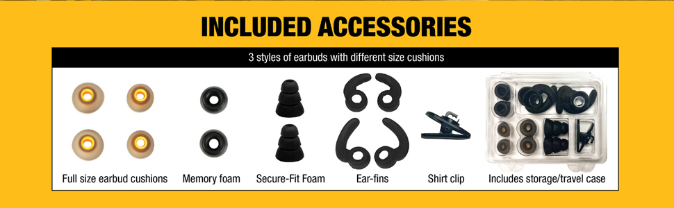 Included accessories, ear cushions, memory foam, secure-fit, ear-fins, shirt clip