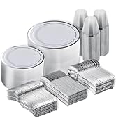 N9R 600PCS Silver Disposable Plastic Plates, Silver Plastic Dinnerware Set Includes 100 Dinner Pl...