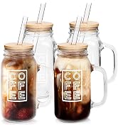 ANOTION Mason Jar Coffee Mugs with Handle, Iced Coffee Cup with Lid and Straw 24oz Regular Mason ...
