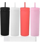 Volhoply 20oz Plastic Skinny Tumblers Bulk 4 Pack,Double Wall Tumbler with Lid and Straw,Reusable...