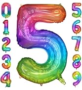 PatiCool 40 Inch Rainbow Number Balloon 5, Large Number Foil Balloons Mylar for Girl Boy Birthday...