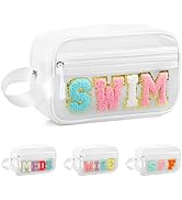TESAFNG Clear Makeup Letter Patch Makeup Bag SWIM Pouch, Preppy Clear Toiletry Bag Travel Small C...