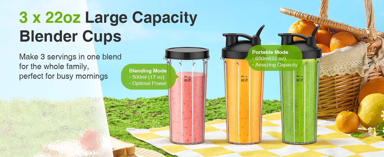 3 x 22oz blender cups,perfect for family use and busy morning,to-go lids take your drinks on the go