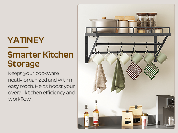 Text reads 'TATINEY Smarter Kitchen' and 'Storage'. Collection of kitchen organization products showing wall-mounted racks, hooks, and storage containers in a modern minimalist style.